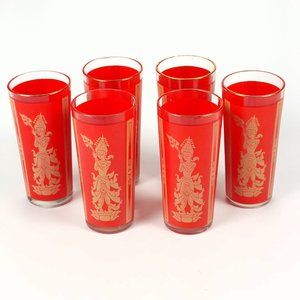 Vintage Mid-Century Modern Asian‎ Thai Mandalay Red Highball Glasses Culv…